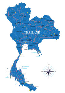 Highly detailed vector map of Thailand with administrative regions, main cities and roads.